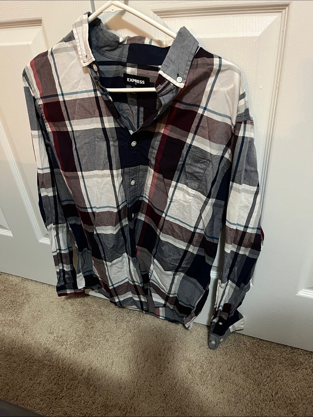 Express Plaid Button-Down Shirt - Navy, White & Burgundy